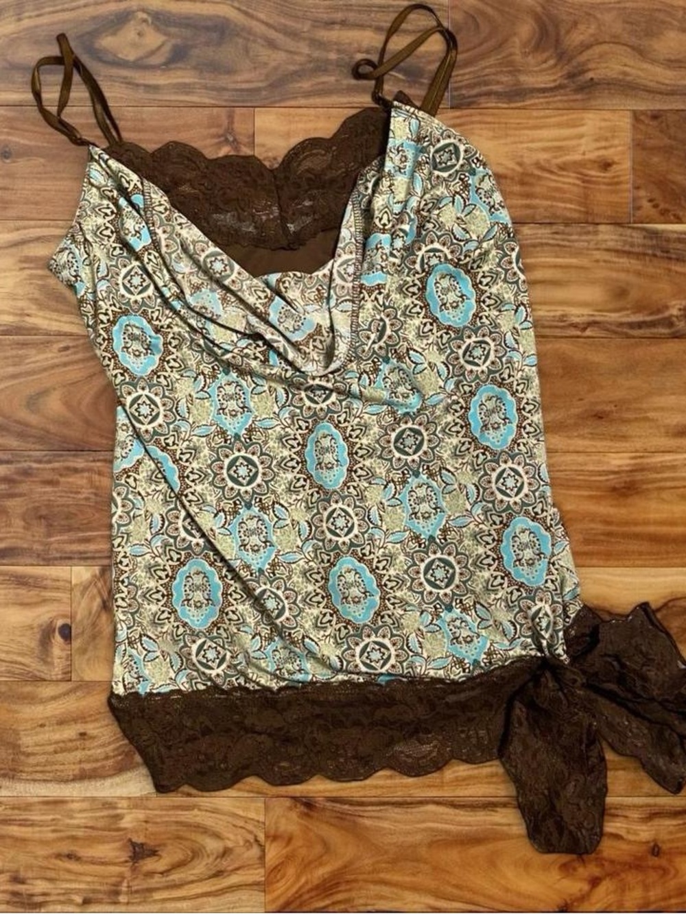 Lace-Trim Cowl Neck Camisole in Brown & Light Blue